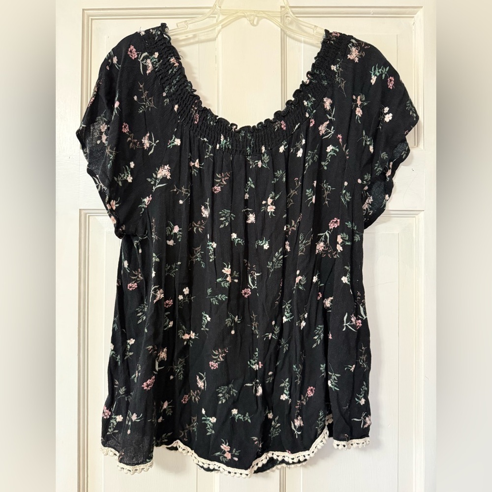Mauve Black Floral Popover Blouse Lace Trim Cottagecore Coastal Grandma 2X